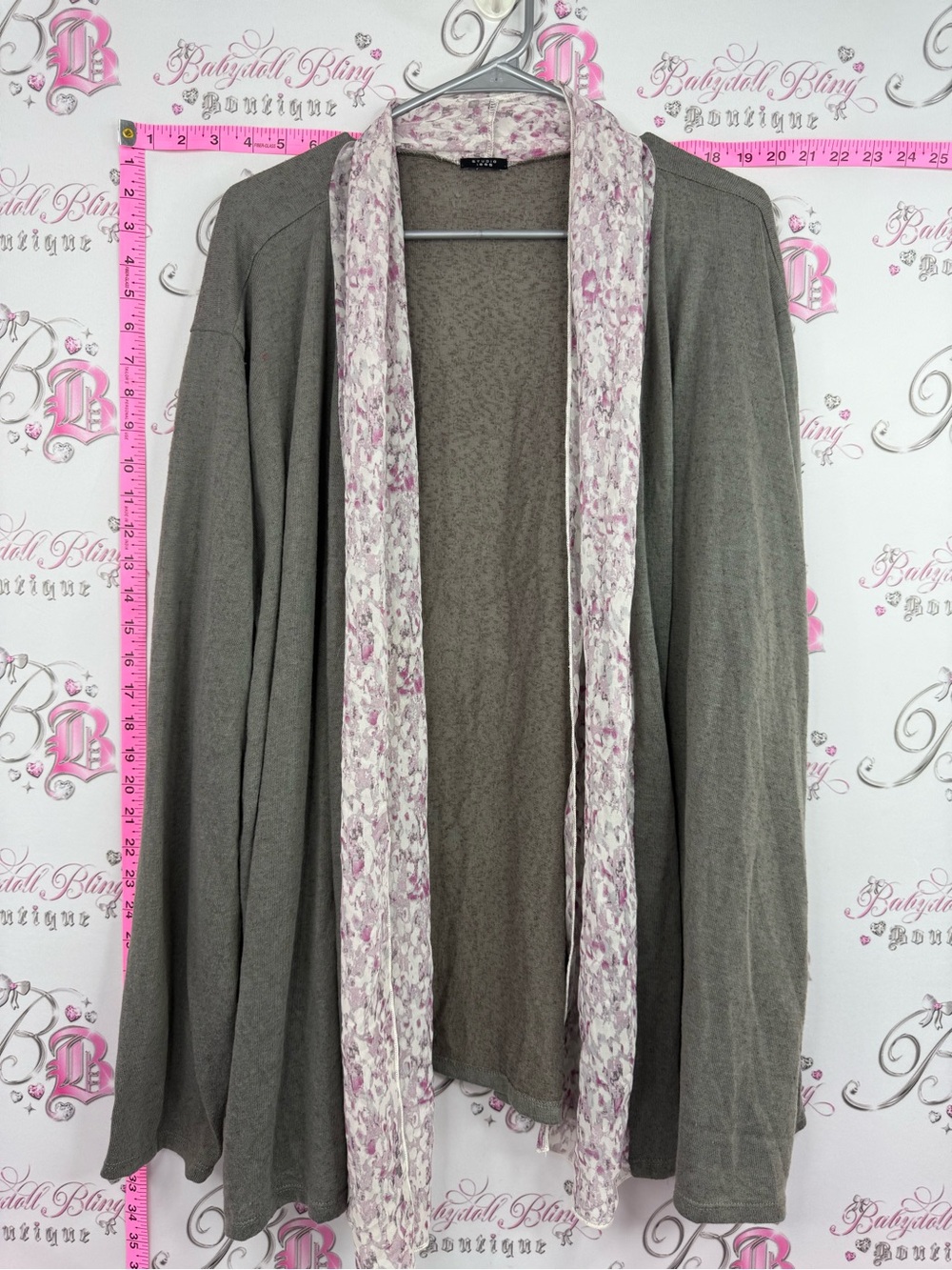 Studio 1886 cardigan floral Open-Front Gray Cardigan with Pink Floral Trim